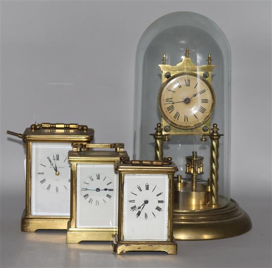 3 carriage clocks and clock under dome